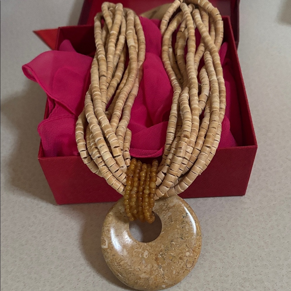 Elegant Tan Beaded Necklace with Stone Pendant